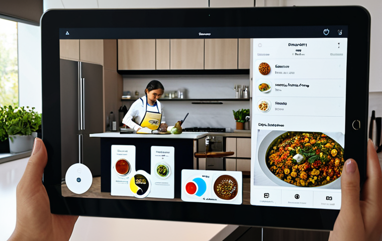 Interactive Augmented Reality Cooking Tutorial**

"A kitchen scene with a person using a tablet displaying augmented reality overlays on cooking ingredients, guiding them through a recipe. The tablet shows interactive instructions and labels. The person is fully clothed in appropriate kitchen attire. safe for work, appropriate content, professional, perfect anatomy, natural proportions, modest clothing, family-friendly, high quality."

**