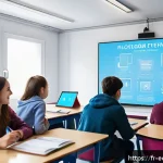 학생 중심의 멀티모달 학습 환경 조성 - A modern French classroom scene featuring diverse students engaged with digital learning tools such ...