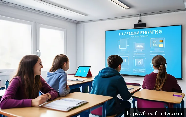 학생 중심의 멀티모달 학습 환경 조성 - A modern French classroom scene featuring diverse students engaged with digital learning tools such ...
