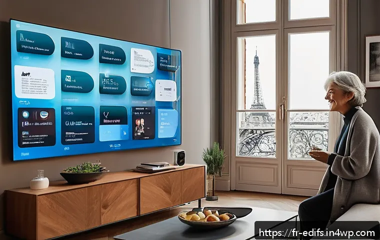 멀티모달 학습의 성과와 기회 비용 - A futuristic smart home assistant interacting seamlessly with a middle-aged French woman in her cozy...